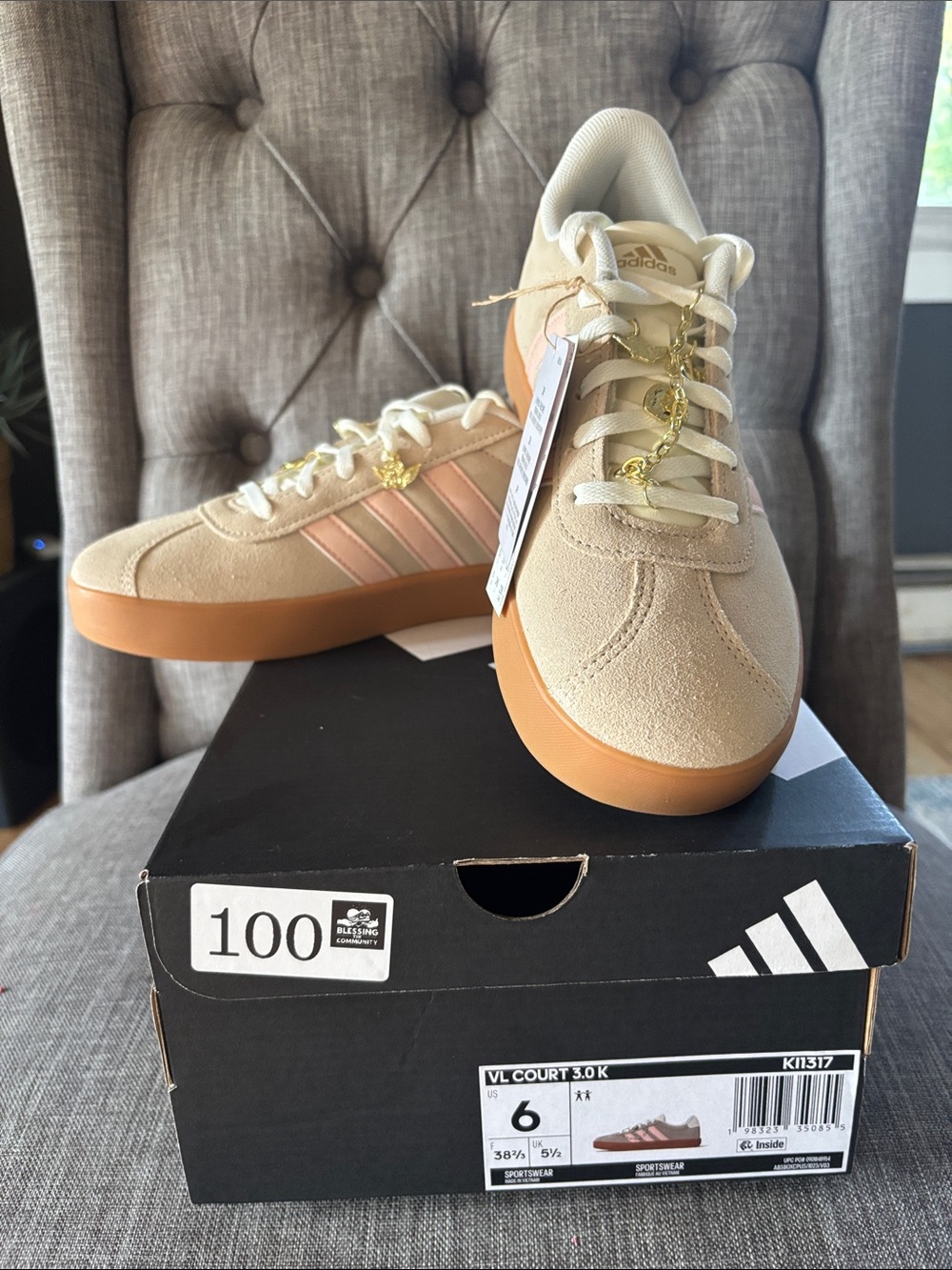 adidas VL Court 3.0K Suede Sneakers in Beige with Gum Sole
